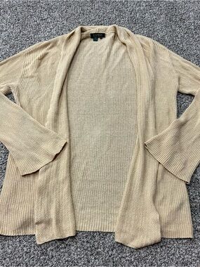 Lauren Ralph Lauren Y2K Crochet Cardigan Womens L Cream Linen Open Knit